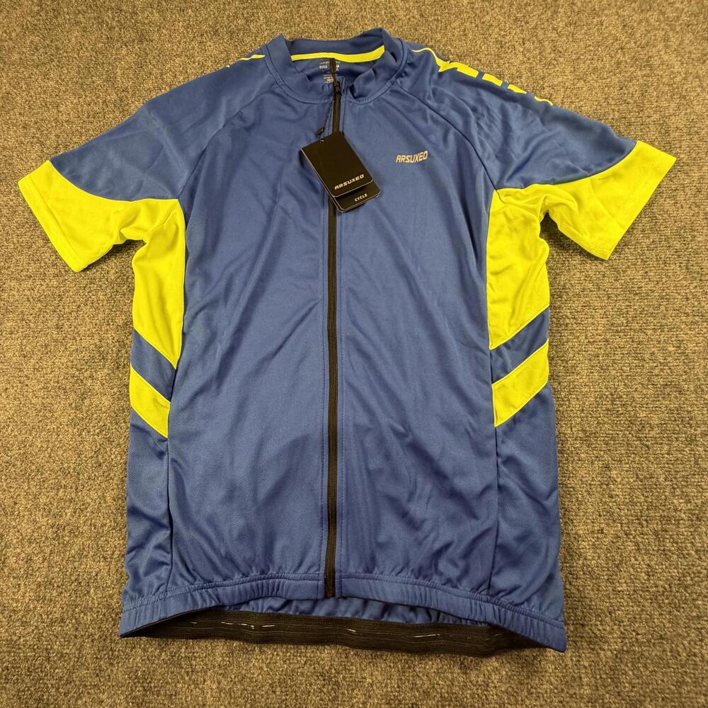 Arsuxeo 636 Mens Cycling Jersey Blue Short Sleeve Full Zip Bike Shirt L #1323